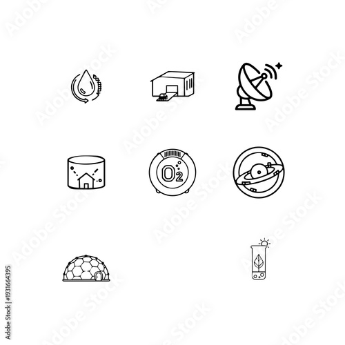 Space colony life and off-world habitation linear icon set, mars dome city, orbital greenhouse and life support system vector symbols