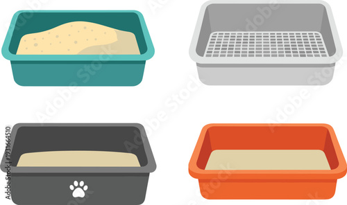 Cat Litter Box Set with Plastic Pet Toilet Trays and Sand Filled Containers for Animal Hygiene and Home Care Supplies Design.