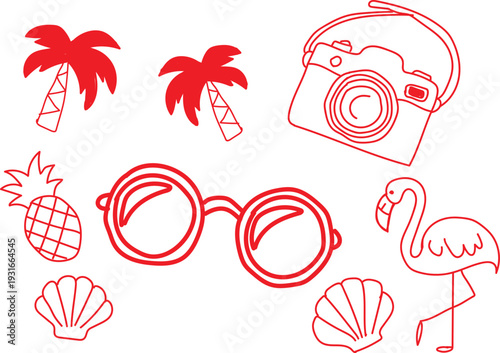 A vibrant collection of hand-drawn red outline vector illustrations depicting essential summer vacation elements and tropical symbols. This artistic set perfectly captures the carefree spirit of warm 