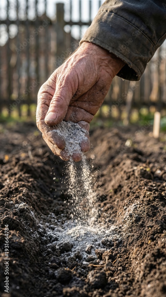 Obraz premium Close-up of a weathered hand sprinkling fertilizer onto freshly tilled soil in a garden, with a wooden fence and greenery visible in the background, showcasing agricultural practices and gardening 