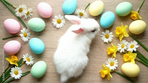Adorable white fluffy april easter bunny sits amongst pastel eggs and fresh spring flowers, capturing the joyous spirit of the season