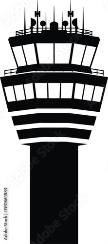 Airport control tower silhouette, aviation traffic management building isolated black flat vector illustration design