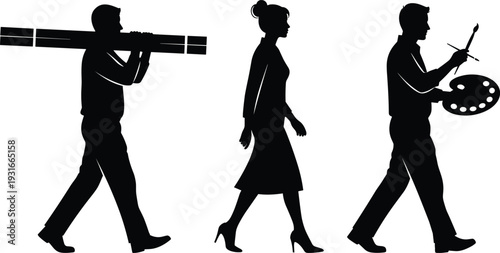 Creative professionals silhouettes walking, architect designer and artist isolated black flat vector illustration set