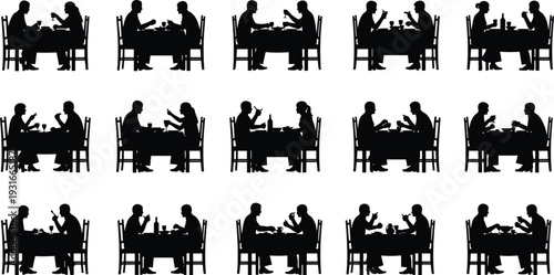 Couple dining at restaurant silhouette set, romantic dinner conversation isolated black flat vector illustration collection