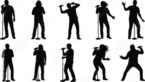 Singer silhouettes with microphone performing live, male and female artists stage concert flat vector illustration set