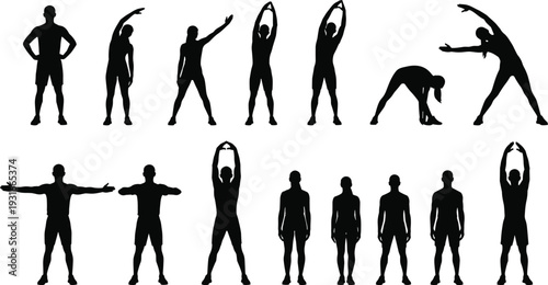 Man stretching and warm up exercise silhouettes, fitness workout poses isolated black flat vector illustration set