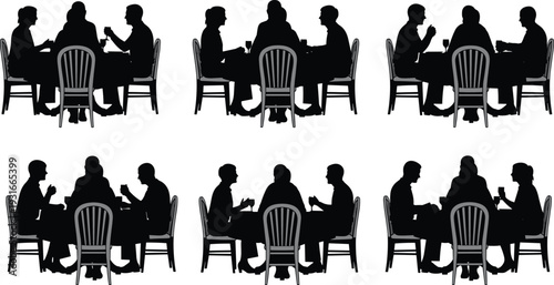 People dining at table silhouette collection, family and friends conversation dinner flat vector illustration set