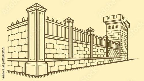 Ancient Stone Wall and Tower Sketch.