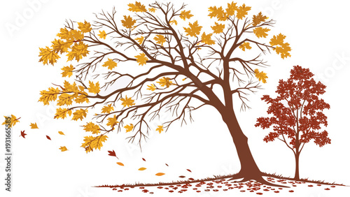 Autumn leaves falling from trees in a gentle breeze.