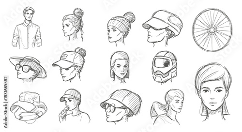 hand-drawn sketches illustrating diverse human faces hairstyles and headwear for fashion and character design inspiration.