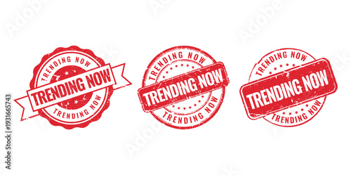 Collection of red trending now rubber stamps for social media marketing and viral content promotion