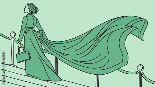 Elegant woman in flowing dress ascends stairs with grace.