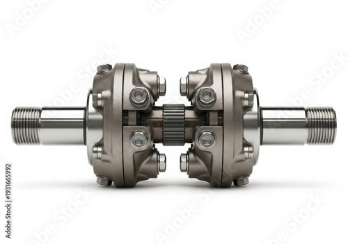 Close-up view of a complex mechanical drive shaft with dual universal joints. isolated on white background
