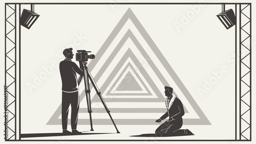 Filming a Man Kneeling on a Stage with Geometric Background.