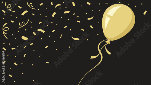 Golden balloon and confetti on a dark background for celebration.