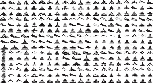 collection of black silhouettes of mountains and temples on white background