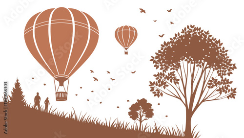 Hot Air Balloons Flying Over a Scenic Landscape with Trees and People.