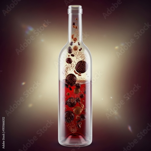 Glass Bottle with Red Liquid and Berries.