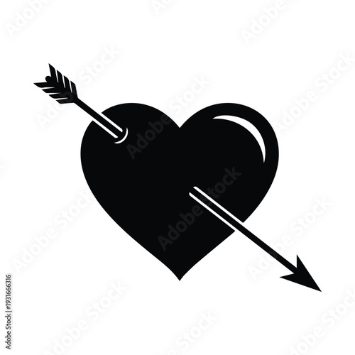 Black heart pierced by arrow symbolizing love and passion