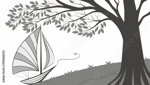 Kite resting under a large tree on a grassy hill.