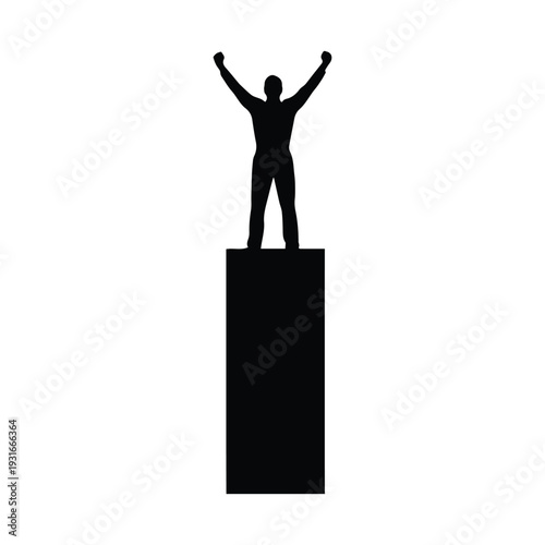 Confident man celebrating success standing on podium with arms raised