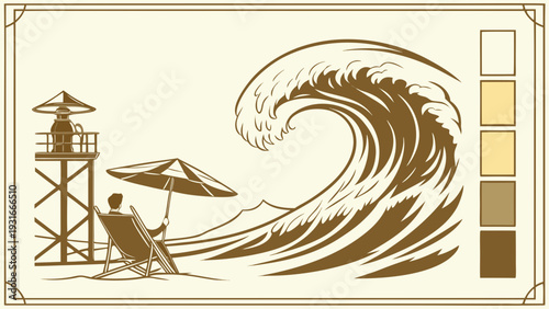 Man relaxing on beach chair under umbrella watching a giant wave with lifeguard tower nearby.