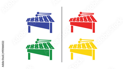 Colorful illustrations of musical instruments resembling marimbas in different hues