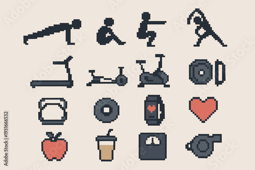 Pixel Art Fitness Exercises & Wellness Icons Set – Plank Squat Treadmill Bike Kettlebell Smartwatch Apple Scale Whistle Retro 8-Bit Workout Pack