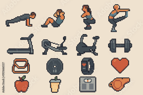 Pixel Art Fitness Workout Icons Mega Set – Push-up Squat Treadmill Bike Dumbbells Resistance Bands Smartwatch Apple Scale Whistle Retro 8-Bit Gym & Wellness Collection