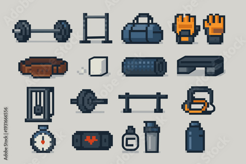 Pixel Art Gym & Fitness Equipment Mega Set Icons Dumbbell Power Rack Kettlebell Belt Chalk Foam Roller Shaker Bottle Stopwatch Heart Rate Monitor