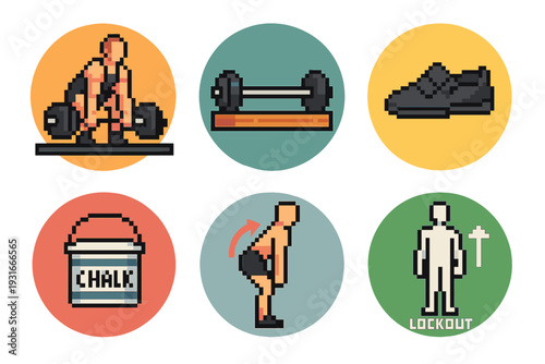 Pixel Art Powerlifting & Gym Icons Set – Deadlift, Barbell, Gym Shoes, Chalk Bucket, Romanian Deadlift, Lockout Pose