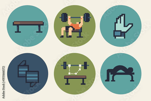 Pixel Art Fitness Icons Set – Gym Workout, Bench Press, Barbell, Hand Wraps, Resistance Band, Glute Bridge