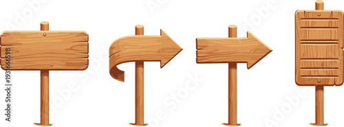 Wooden direction signboards vector set with rustic arrow signs isolated wood pointer illustration