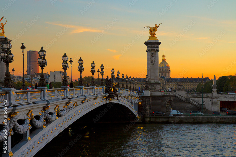 Fototapeta premium Bridge of Alexandre III at sunset in Paris, France, retro toned
