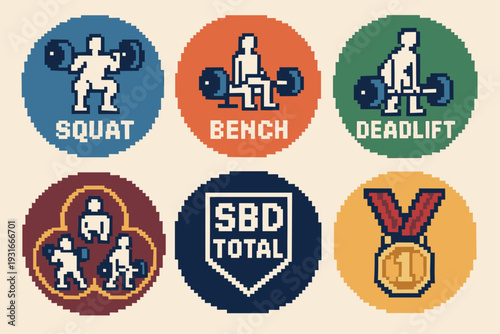 Pixel art powerlifting icons set with squat, bench press, deadlift and medal