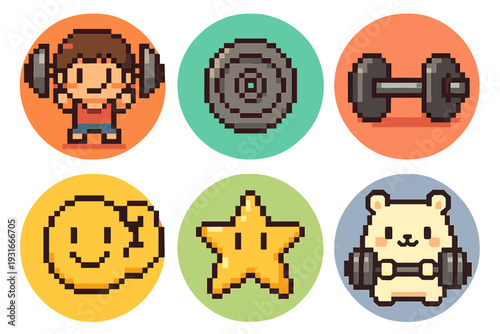 A set of six round icons on coloured backgrounds, themed around fitness, training and motivation, but with a very cute, charming presentation.