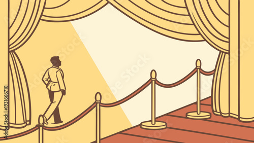 Man walking on red carpet towards a brightly lit stage with curtains.