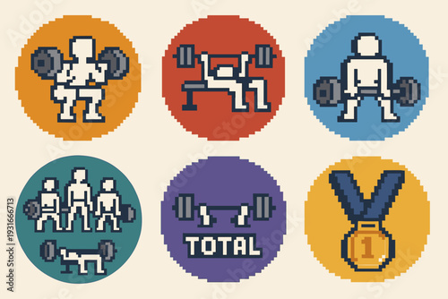 Retro Pixel Powerlifting Icon Pack – Squat, Bench, Deadlift, Total, Gold Medal