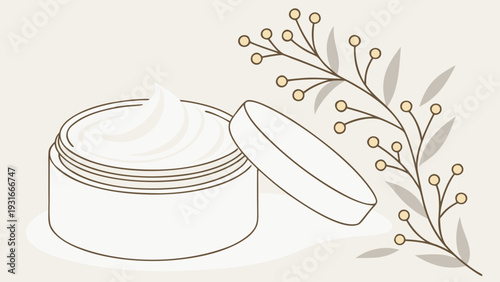 Minimalist Line Art Drawing of Skincare Cream Jar with Botanical Element.