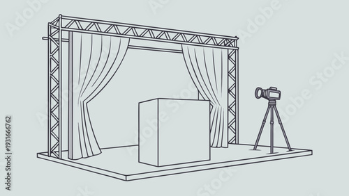 Minimalist Line Art Illustration of an Empty Stage with Truss Structure and Camera on Tripod.