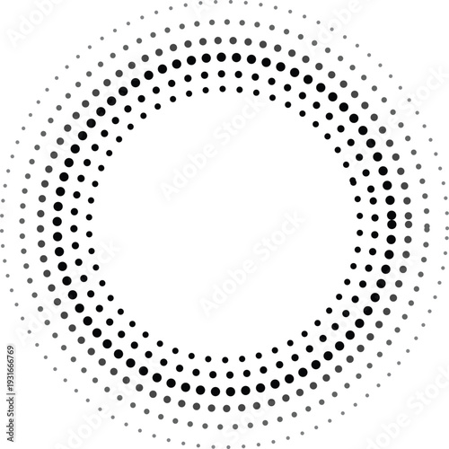 A circular pattern composed of varying sizes of black dots on white