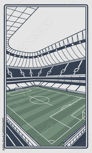 Empty Football Stadium with Green Field and Stands.