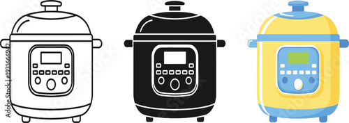 Electric Multi Cooker Icon Set with Smart Pressure Cooker in Line Glyph and Flat Style for Modern Kitchen Appliance Design.