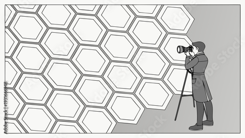 Photographer capturing hexagonal patterns with a camera on a tripod.