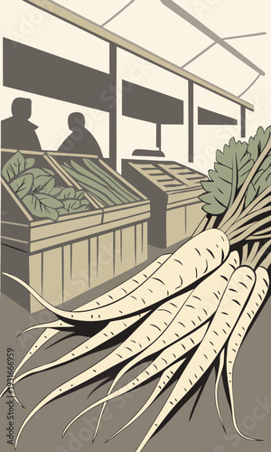 Fresh Parsnips Displayed Prominently at a Bustling Farmers Market Stall.