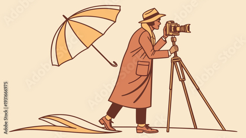 Photographer in trench coat with camera on tripod and umbrella.