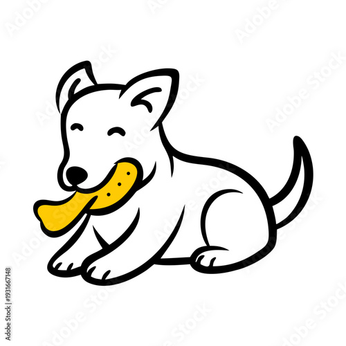 Happy dog chew toy illustration with simple line art style. Cute dog chew toy holds bone shaped plaything, depicting pet happiness and playtime joy. Perfect dog chew toy for pet store branding.
