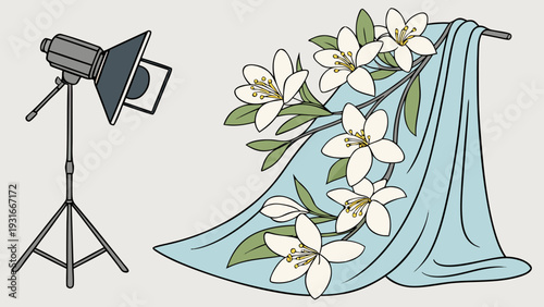 Professional Studio Lighting and Floral Fabric Setup for Photography.