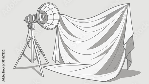 Studio lighting setup with a large softbox and draped fabric backdrop.