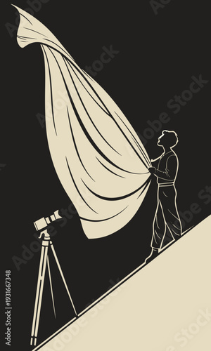 Photographer with large fabric sheet and camera on tripod.